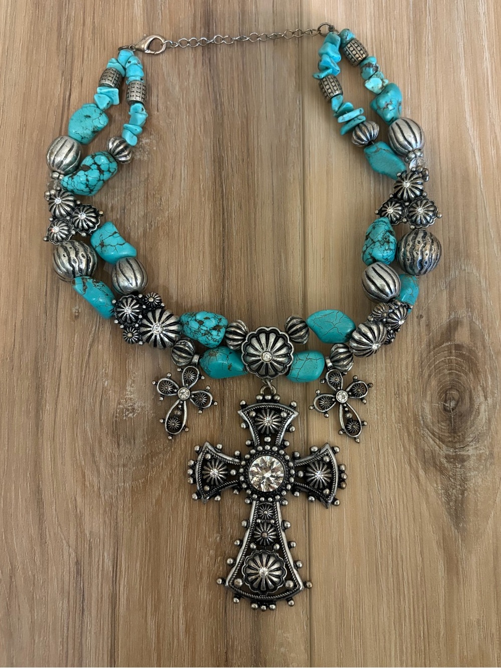 Vintage Multi Stranded Faux Turquoise & Silver Tone Cross Statement Necklace